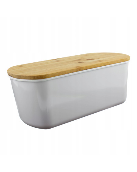 Biały chlebak z pokrywą deską do krojenia z drewna bambusowego