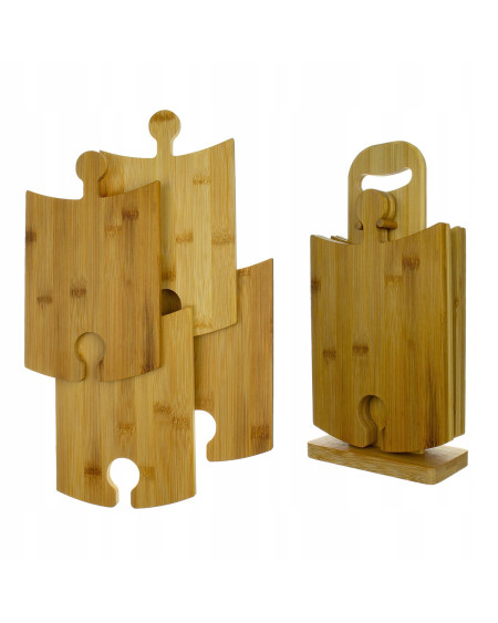 Bambusowe deski puzzle do serwowania potraw - zestaw 4 sztuki na stojaku