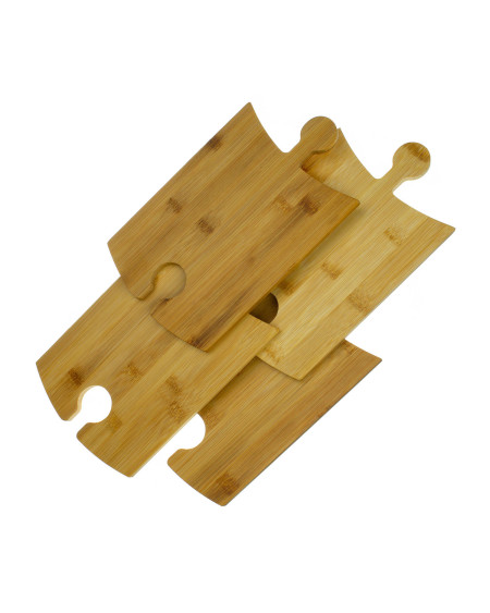 Bambusowe deski puzzle do serwowania potraw - zestaw 4 sztuki na stojaku